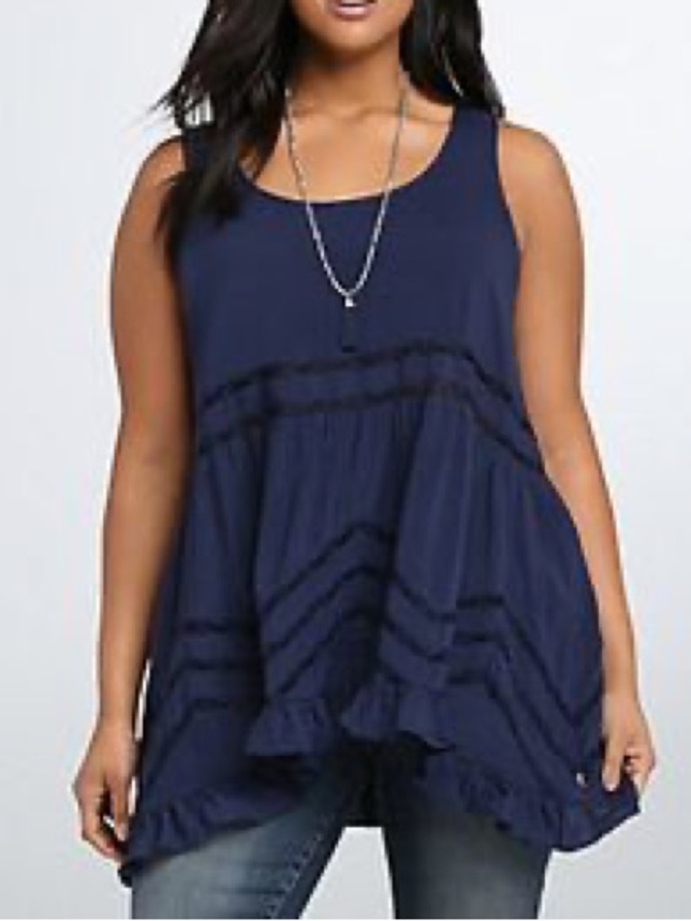 New Torrid Navy Sleeveless Lace-Trim Hi-Low flowy Tank